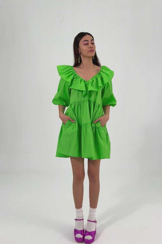 FRILLY MINI DRESS - GREEN