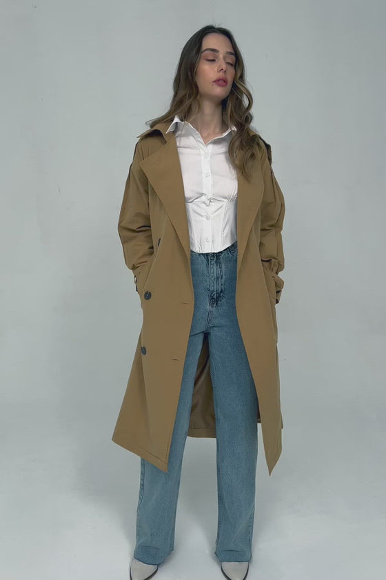 Belt Detailed Watermeon Sleeve Trench Coat