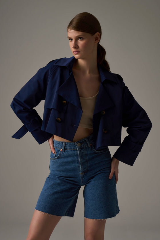 Crop Trench Coat - Navy Blue