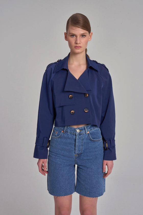 Crop Trench Coat - Navy Blue