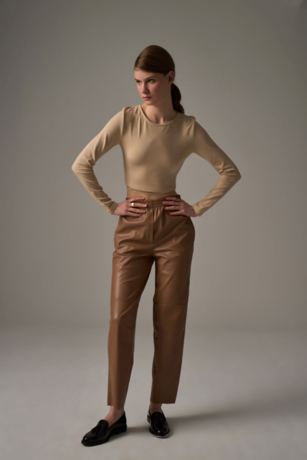 Leather Jogger Pants - Brown