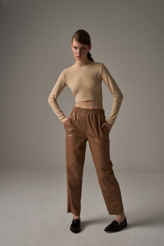 Leather Jogger Pants - Brown