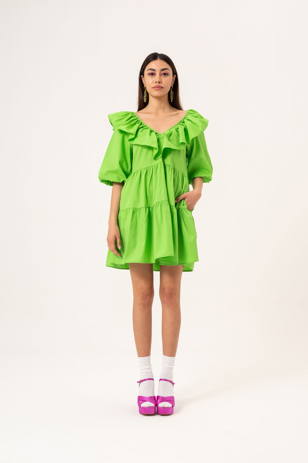 FRILLY MINI DRESS - GREEN