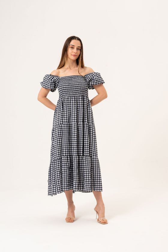 BALLOON SLEEVE DETAILED MIDI DRESS - NAVY BLUE