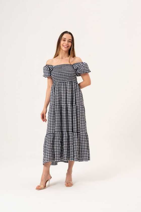 BALLOON SLEEVE DETAILED MIDI DRESS - NAVY BLUE