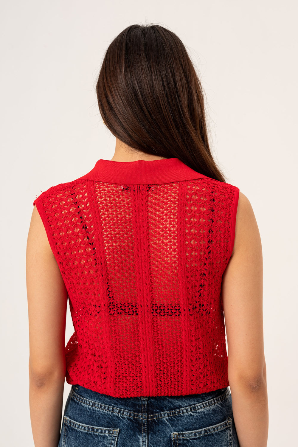 POLO NECK SLEEVELESS SWEATER - RED