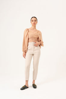  SHIRRED BALLOON SLEEVE BLOUSE - CAMEL