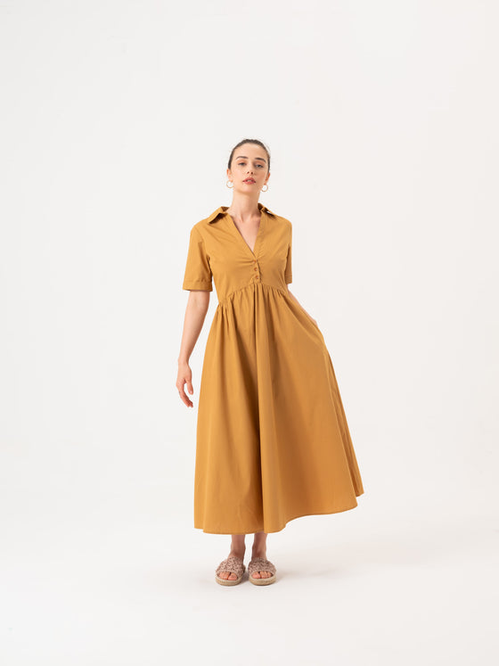 Robe de chemise de taille midi- Camel