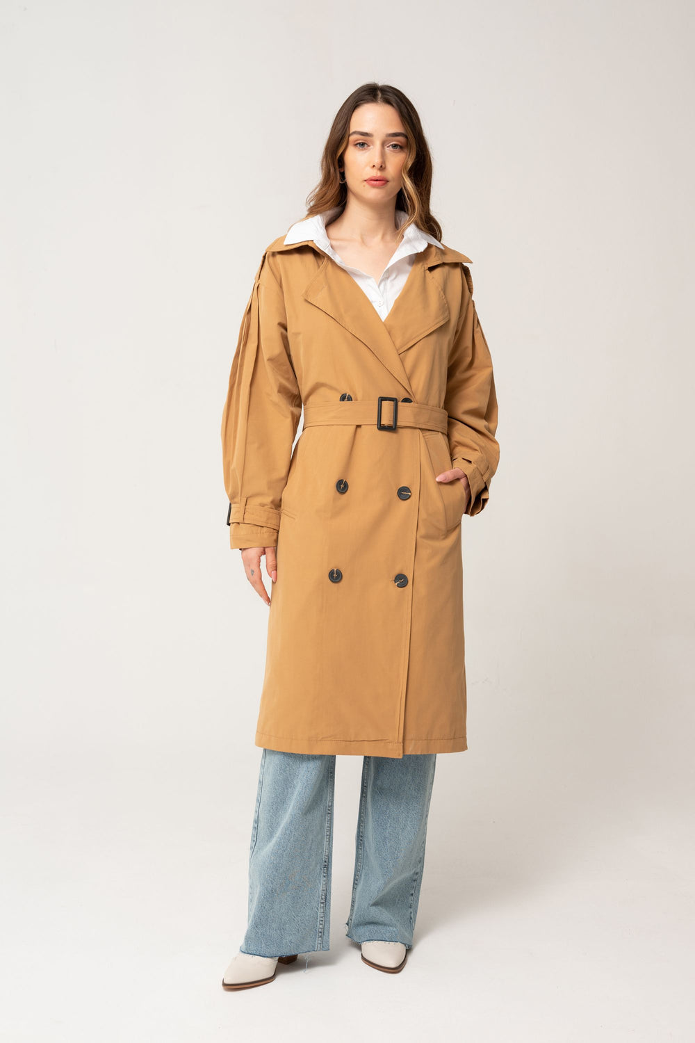 Belt Detailed Watermeon Sleeve Trench Coat