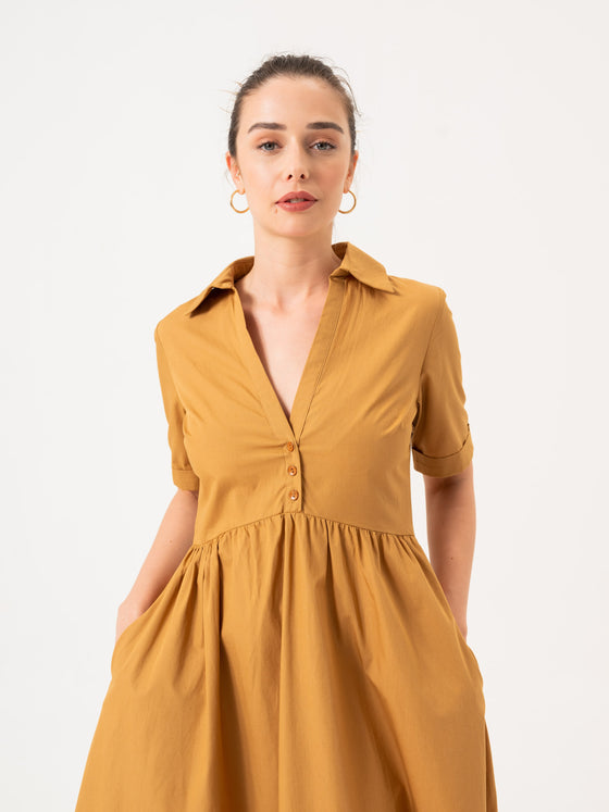 Robe de chemise de taille midi- Camel