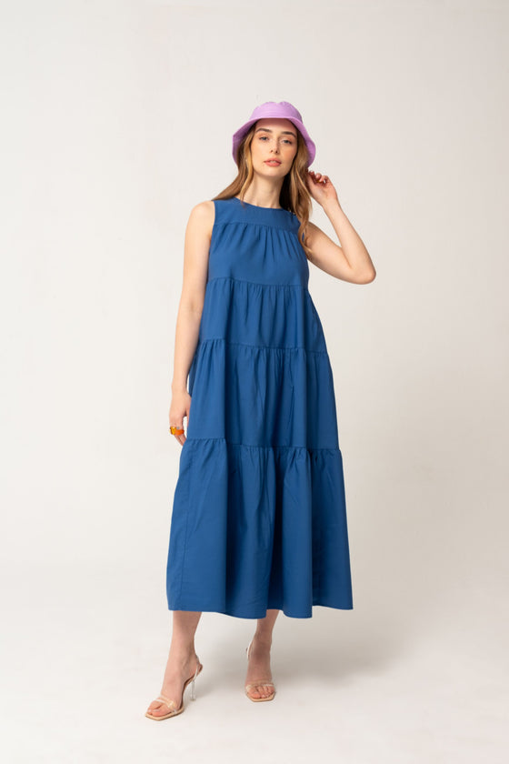 Layered Midi Size Dress Indigo Blue