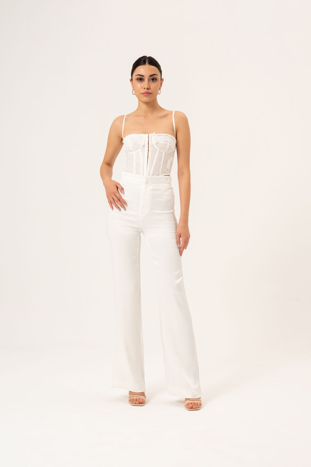 SATIN FLARE PANTS - ECRU