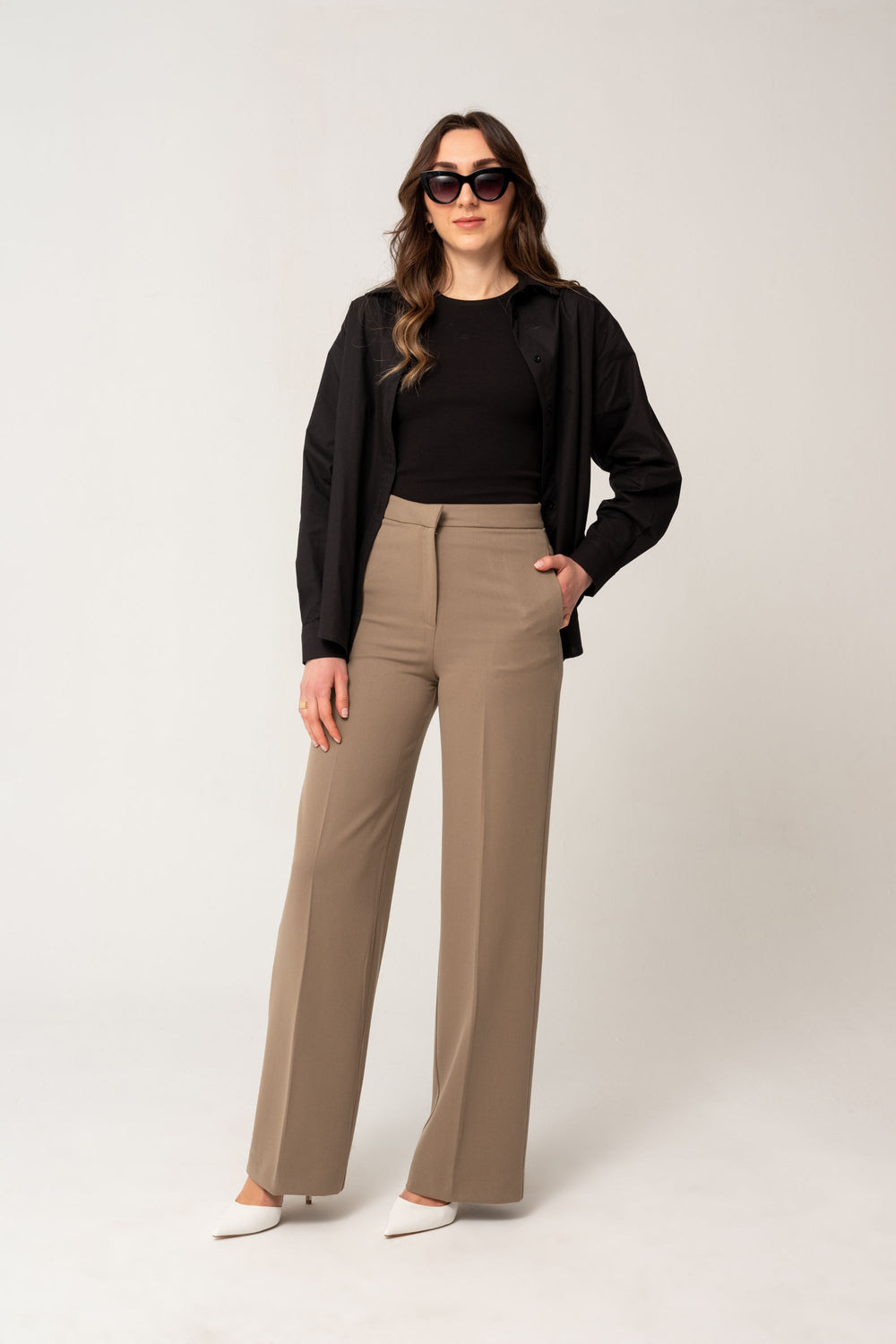 Pantalon taille haute beige foncé