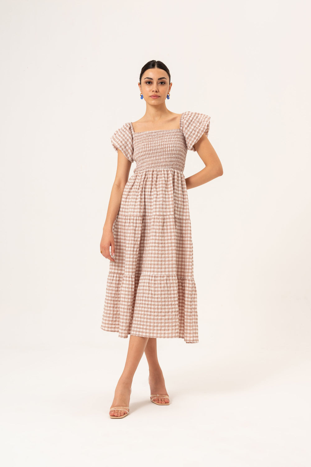 BALLOON SLEEVE DETAILED MIDI DRESS - BEIGE