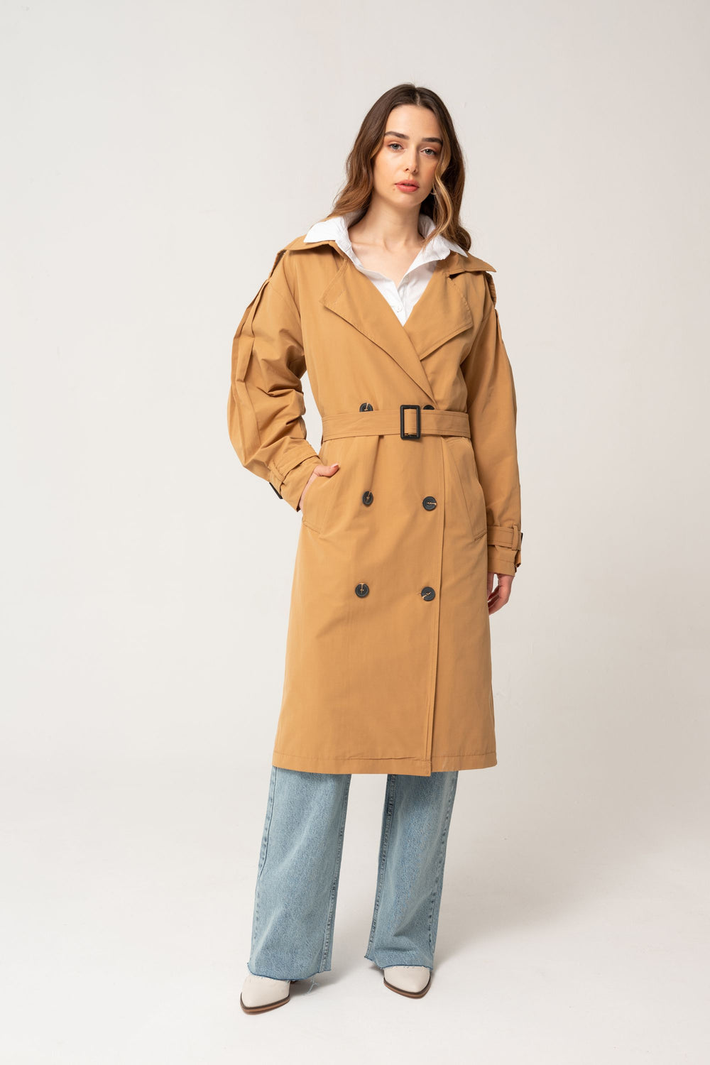 Belt Detailed Watermeon Sleeve Trench Coat