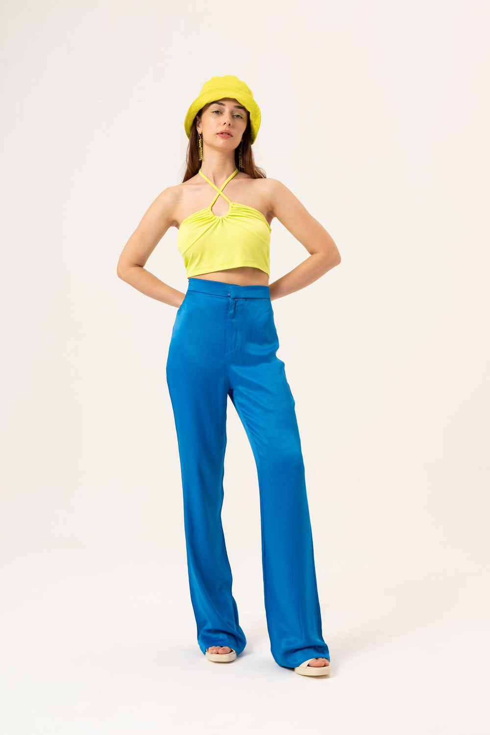 SATIN FLARE PANTS - SAX BLUE