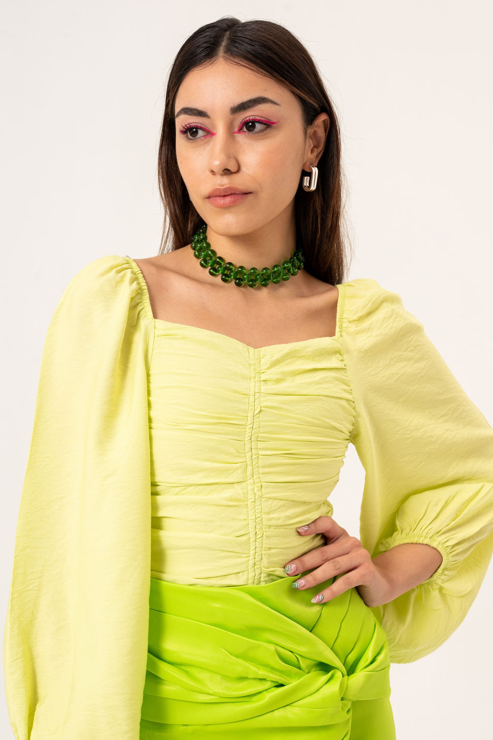 SHIRRED BALLOON SLEEVE BLOUSE - GREEN