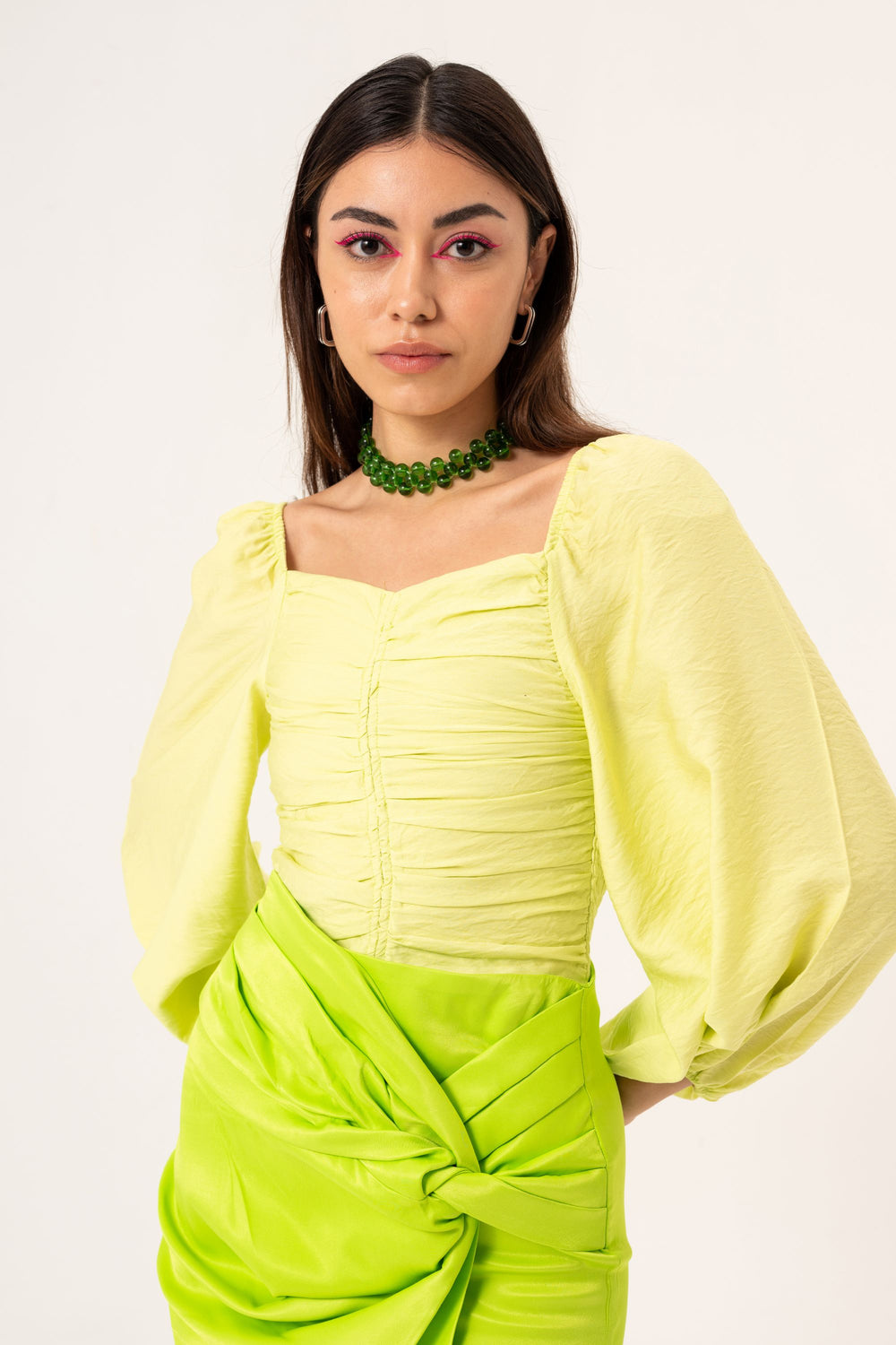 SHIRRED BALLOON SLEEVE BLOUSE - GREEN