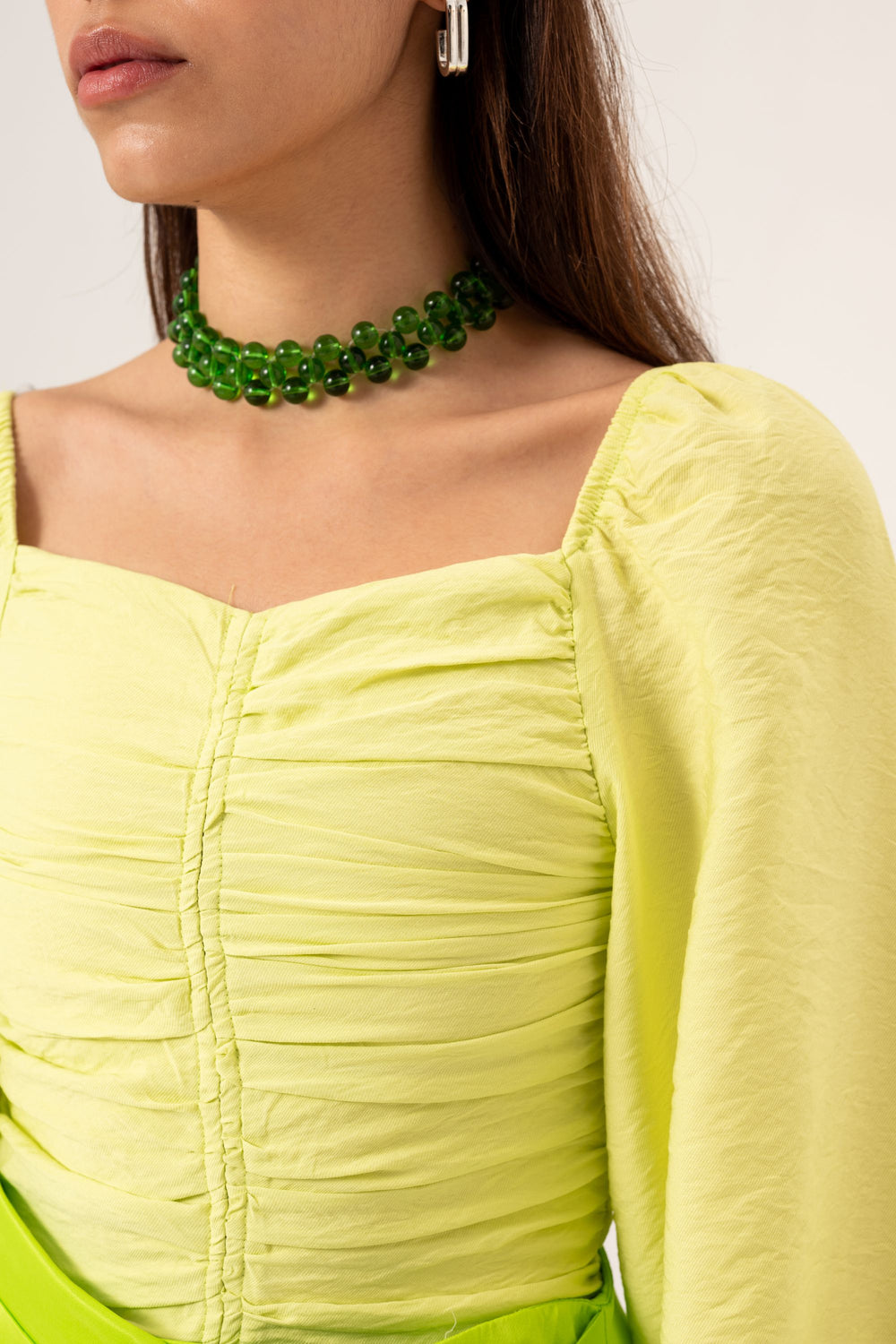 SHIRRED BALLOON SLEEVE BLOUSE - GREEN