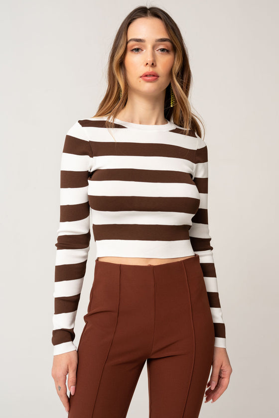 Thick Striped Bag Collar Brown Ecru