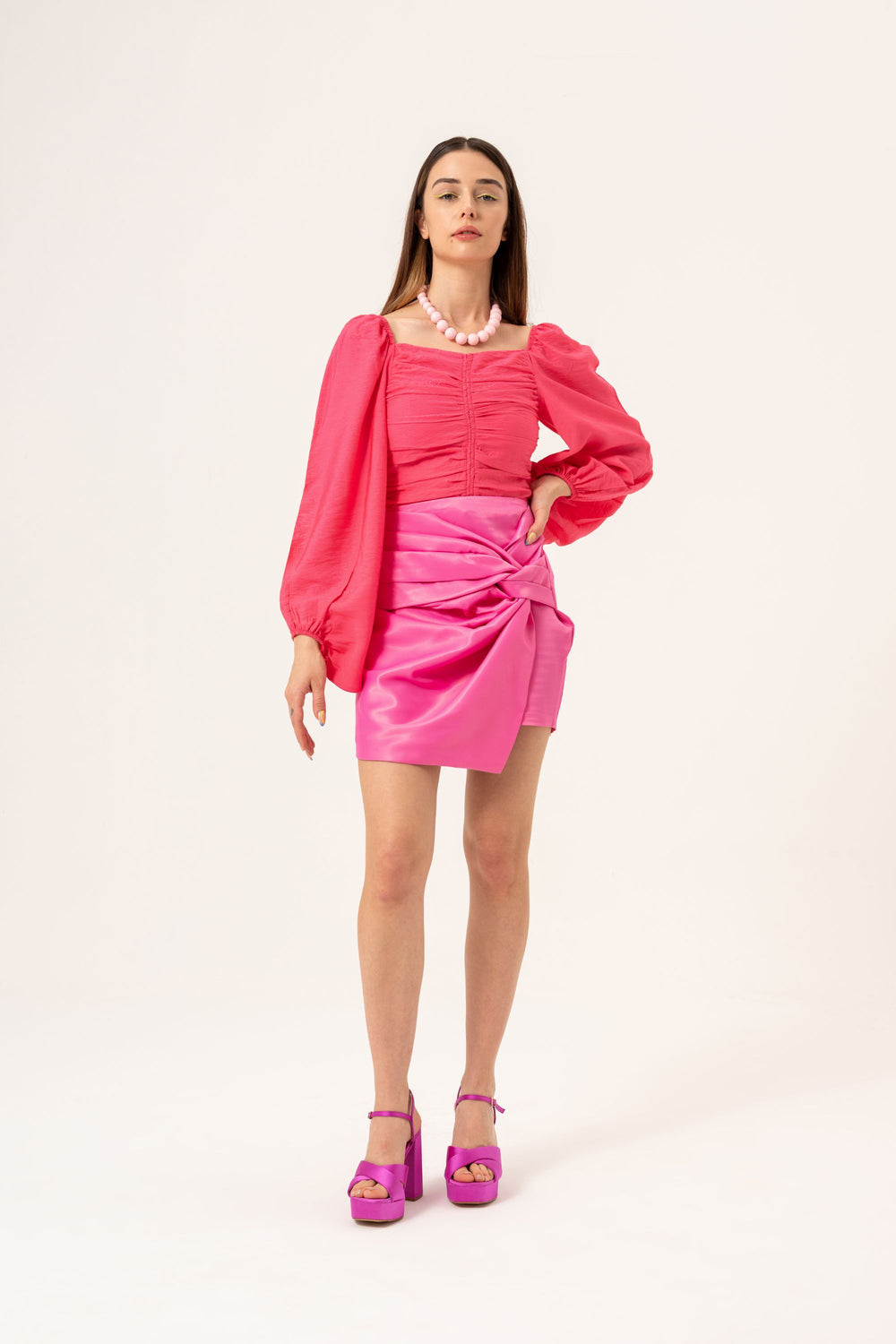 BUTTON DETAILED SATIN SKIRT - PINK