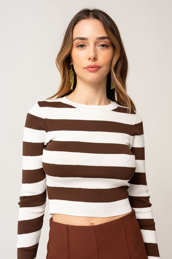 Thick Striped Bag Collar Brown Ecru