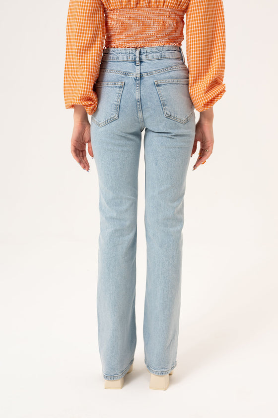 SNOW WASH FLARE PANTS WITH BUTTONS ON THE FRONT